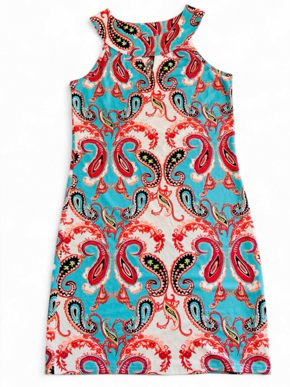 Tracy Negoshian Turquoise Paisley Print Sleeveless Shift Dress High Cut XS